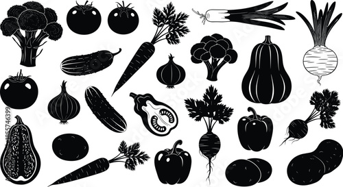 Large collection of vegetable silhouettes including broccoli, tomato, carrot, cucumber, and pepper, vector illustration isolated on white background for healthy food design.
