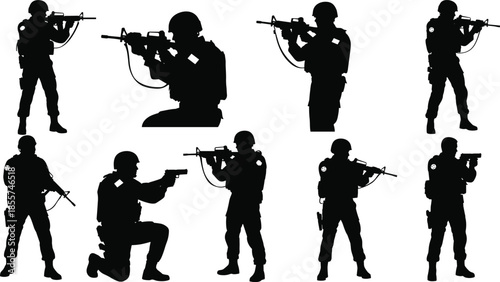 Set of black silhouettes featuring ballroom dance partners performing elegant routines, formal evening wear poses, and graceful movements for romantic and artistic event designs.