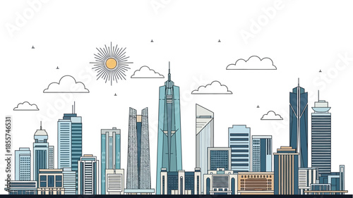 Modern City Skyline Outline Illustration with Skyscrapers, Sun, and Clouds. Urban Metropolis Architecture Vector Graphic for Business and Technology Concepts