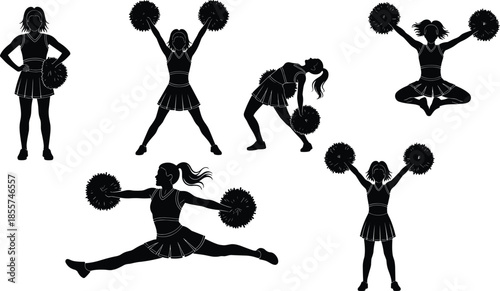 Set of cheerleader silhouettes in action poses, featuring girls jumping, holding pom-poms, and performing splits for school spirit and sports team support designs.