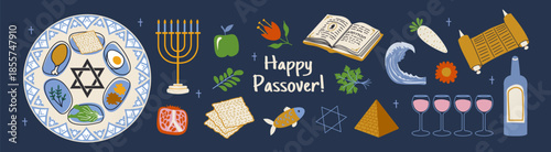 Passover Jewish Holiday Symbol Set. Seder Plate, Matzah, Haggadah, and Four Wine Glasses. Traditional Israel Pesach Greeting Card and Icon Vector Design.