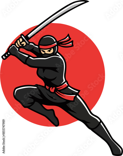 Bold Female Ninja in Combat Pose – Flat Cartoon Vector Mascot with Katana and Red Sun Circle Background, Esports and Martial Arts Logo Illustration