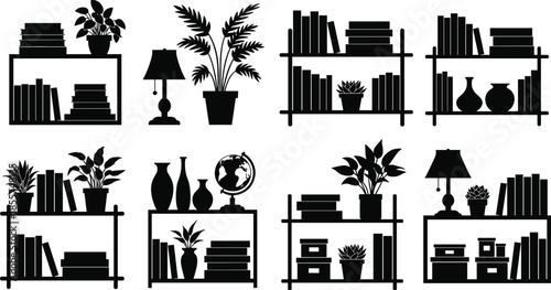 Silhouette Bookshelves With Plants And Lamps Vector Set illustration icon
