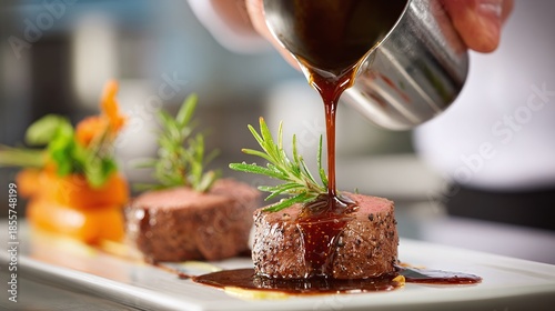 Gourmet delight: Tender steak medallions drizzled with rich sauce, garnished with fresh rosemary. A culinary masterpiece plated to perfection. #steak #food