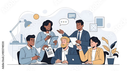 Business meeting in a modern office setting with diverse professionals collaborating and discussing ideas around a conference table