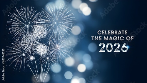 Celebrate the Magic of the 2026 New Year Banner with Sparkling Fireworks and Soft Blurred Bokeh Lights on a Blue Background, Elegant Festive Invitation Backdrop