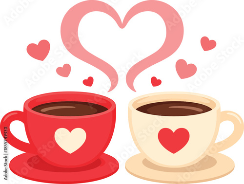 Two coffee cups making heart‑shaped steam flat vector illustration for Valentine’s Day