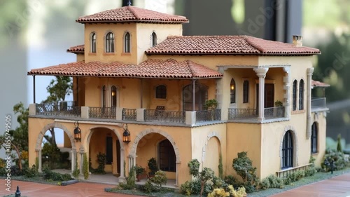 Miniature model of a mediterranean revival style villa with detailed architecture.