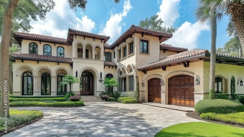 Luxury mediterranean revival villa with arched windows, palm trees, and a spacious driveway.