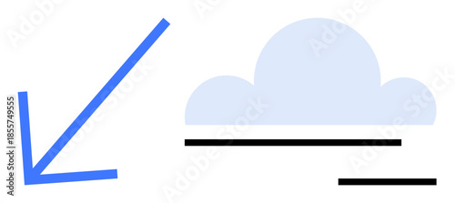 Directional flow, data transfer, cloud storage, weather forecast, minimalism, design. Blue arrow pointing downwards and a cloud with horizontal lines. Directional flow and data transfer concepts