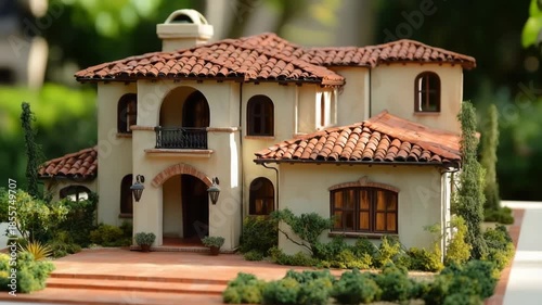 Miniature model of a mediterranean revival style villa with red-tiled roof.