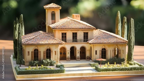 Miniature model of a mediterranean revival style villa with terracotta roof, surrounded by trees and shrubs, set on a wooden base.