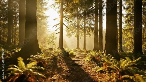 Sunlight filtering through a dense forest with tall trees and lush undergrowth.