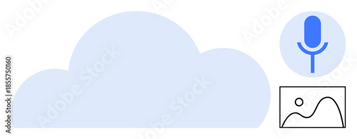 Cloud computing, voice command systems, online storage, digital communication, media sharing, artificial intelligence. Blue cloud with a microphone and image icon. Cloud computing and voice command