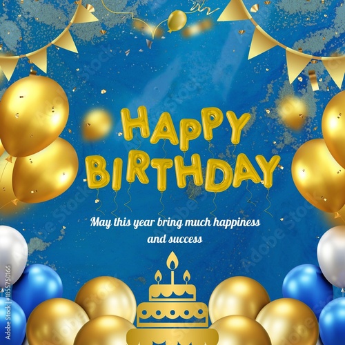 Happy Birthday design for greeting text. Bunting flags, balloons, confetti and gift box. Template for birthday celebration