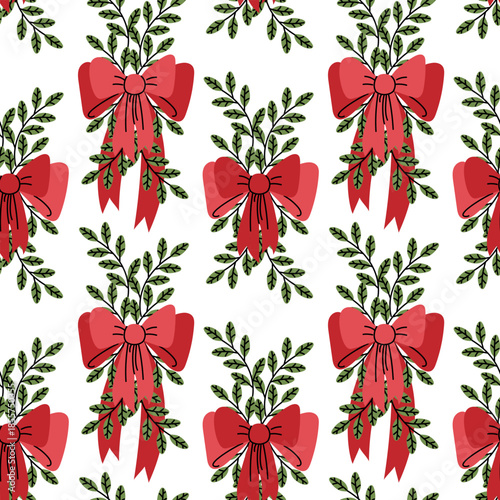 Seamless pattern with red bows tied with lush bouquets of scattered green branches with leaves. The flat-style print is perfect for decorating festive wrapping paper, festive fabric, or digital