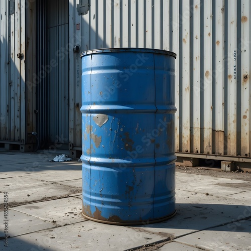 Weathered blue industrial barrel with peeling paint and rust on concrete near containers. 55 gallon