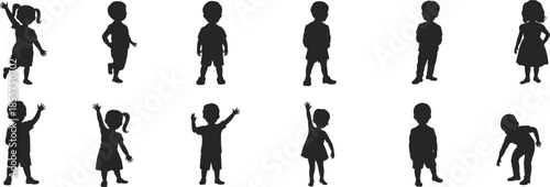 Set of black children silhouettes, cute toddler boys and girls standing, playing and waving, childhood vector collection isolated on white background.