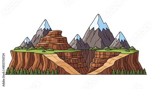 Cartoon rocky mountains vector illustration with snowy peaks brown hills and green forest isolated on white background