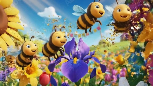 Cute cartoon bees flying over a vibrant flower field under a sunny sky.