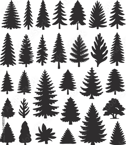Set of black pine tree silhouettes, coniferous forest evergreen collection, isolated spruce icons, nature cedar fir vector for landscape design.