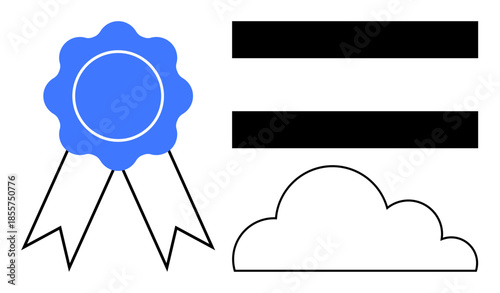 Blue award ribbon, bold equality sign, and outlined cloud symbolizing achievement, equity, and creativity. Ideal for recognition, justice, education, innovation vision ethics simple flat metaphor