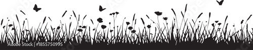 butterfly grass wildflower silhouette border vector floral scene print