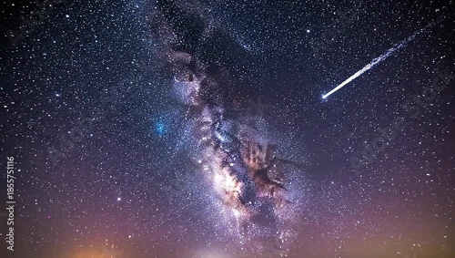 A bright shooting star streaks across the night sky, illuminating the Milky Way with its brilliant light.