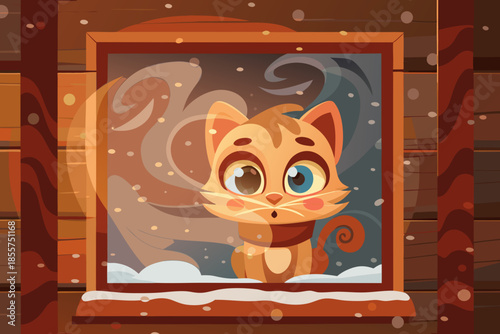 A small kitten shivering from cold on a snowy windowsill, breath turning into mist.