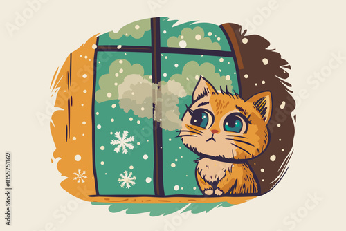 A small kitten shivering from cold on a snowy windowsill, breath turning into mist.