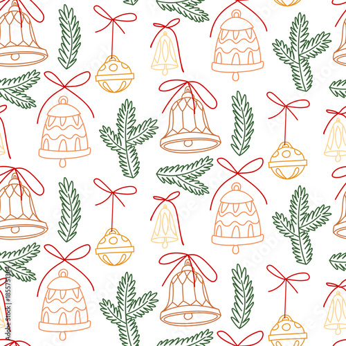 Seamless pattern with flat contours of Christmas bells and fir branches with bows. colorful festive design for decorative wrapping paper, seasonal textile prints, backgrounds for winter celebrations.