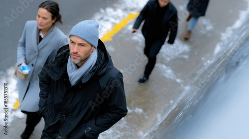 A man in a black coat walks down a wet pavement on a gloomy day, evoking feelings of introspection and solitude amidst an urban backdrop of daily life and movement.