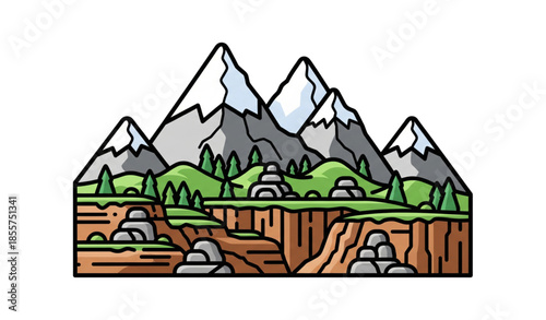 Colorful cartoon mountain landscape vector with snowy peaks rocky cliffs and forest hills isolated on white background