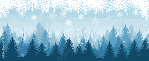 winter pine forest layered blue trees falling snow background