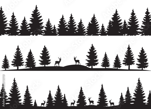 forest monochrome silhouette scenes of pine tree rows and deer