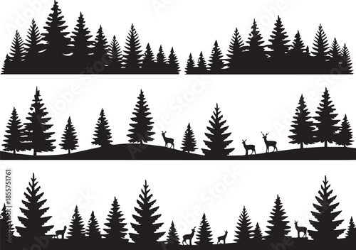 forest layered woodland silhouettes three horizontal panels with deer