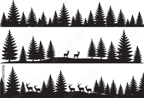 forest conifer silhouette triptych showing trees and grazing deer