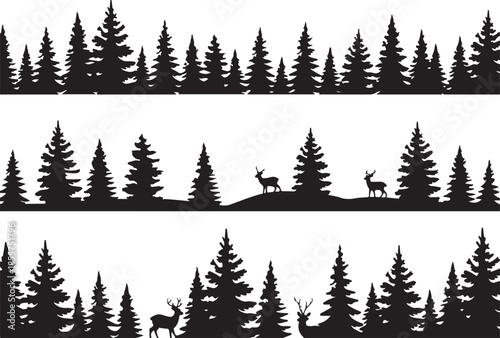 forest pine tree silhouette panels with deer on rolling hills