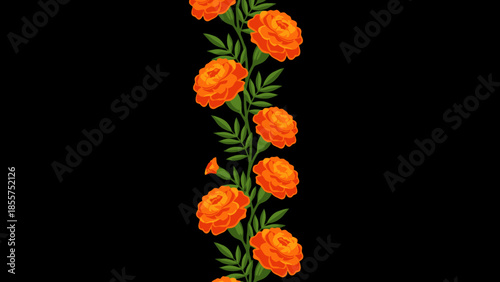 Vibrant orange marigold flower arrangement cascading vertically on a black
