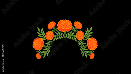 Bright orange floral arrangement with lush green leaves on a black background