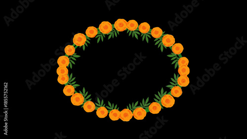 Vibrant orange floral wreath composed of blooming flowers and greenery against