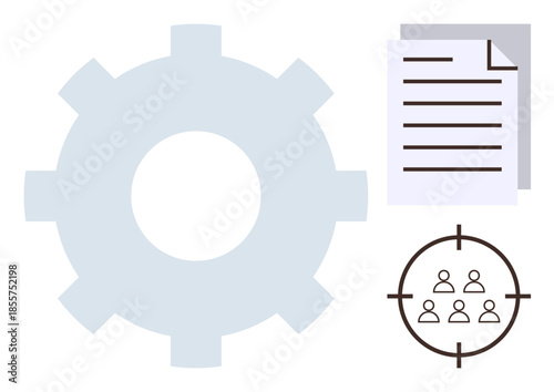 Large gear symbolizing processes, document stack for strategy, and targeted group icon for goals. Ideal for workflow, organization, teamwork, strategy, efficiency, optimization simple flat metaphor