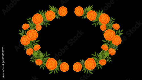 Elegant floral wreath composed of vibrant orange roses and lush green leaves