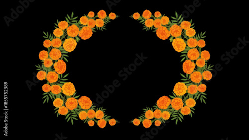 Elegant orange floral wreath arranged in a heart shape on black background for
