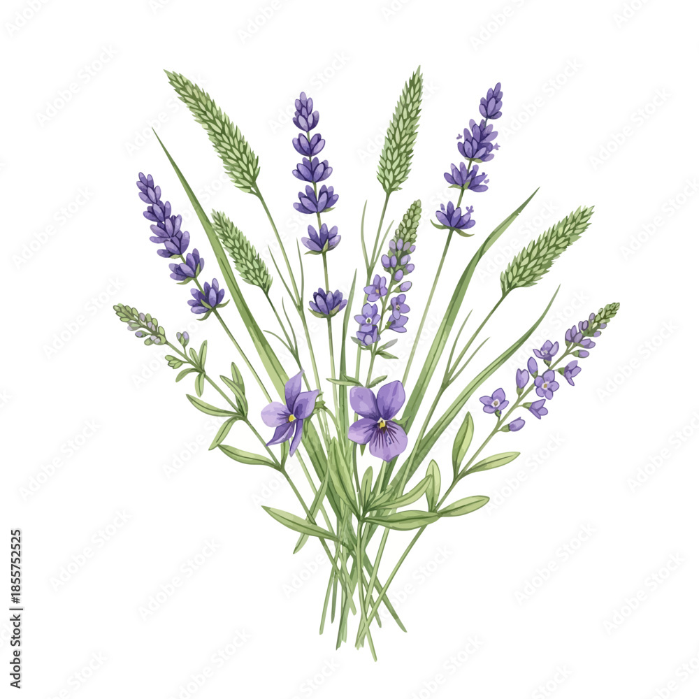 Naklejka premium Vibrant Lavender Bouquet Botanical Illustration Pale Thistles Greenery Fresh Natural Arrangement Watercolor Digital Art.png