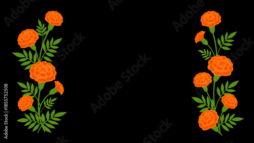 Vibrant orange marigold flowers border decoration against black background