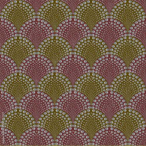 A seamless Art Deco pattern featuring fan-shaped scales filled with metallic silver dots of varying sizes on a dual-tone olive and burgundy background.