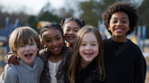 Joyful diverse kids outdoor group smiling fun playground happiness