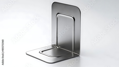 Sleek, metallic bookend with a right-angle design. Features a rectangular indent and rounded corners. Light reflects off smooth surface