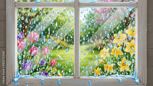 Raindrops on a window overlooking a vibrant spring garden with tulips and daffodils.